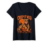 Donna Halloween Creep It Wild Cool Cheetah Leopard Divertente Halloween Maglietta con Collo a V
