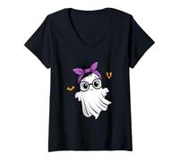 Donna Halloween Cute Ghost Girl Eyeglasses Ghost Woman Glasses Maglietta con Collo a V