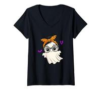 Donna Halloween Cute Ghost Girl Eyeglasses Ghost Woman Glasses Maglietta con Collo a V