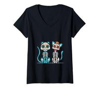 Donna Halloween Dia de Los Muertos Sugar Skull Skeleton Dogs & Cat Maglietta con Collo a V