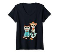 Donna Halloween Dia de Los Muertos Sugar Skull Skeleton Dogs & Cat Maglietta con Collo a V