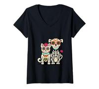 Donna Halloween Dia de Los Muertos Sugar Skull Skeleton Dogs & Cat Maglietta con Collo a V