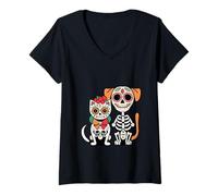 Donna Halloween Dia de Los Muertos Sugar Skull Skeleton Dogs & Cat Maglietta con Collo a V