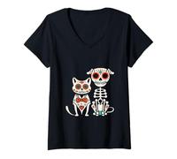 Donna Halloween Dia de Los Muertos Sugar Skull Skeleton Dogs & Cat Maglietta con Collo a V