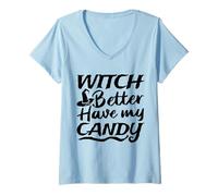 Donna Halloween Divertente Trucco Divertente Trattare Strega Maglietta con Collo a V