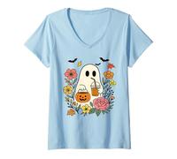 Donna Halloween Fantasma caffè Fiori per Le Ragazze Maglietta con Collo a V