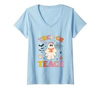 Donna Halloween Fantasma Libro Lettura Scuola Insegnante Trucco o insegnare Maglietta con Collo a V