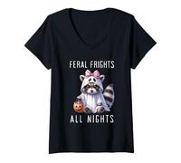 Donna Halloween Fantasma Racoon Divertente Spettrale E Feral Maglietta con Collo a V