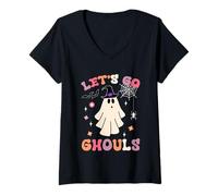 Donna Halloween Fantasma Strega Costumi Retro Groovy Let's Go Ghouls Maglietta con Collo a V