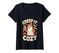 Donna Halloween Fantasma Zucca Spice Autunno Creep It Cozy Maglietta con Collo a V