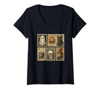 Donna Halloween Francobolli Vintage Spooky Temed Cat Ghost Costume Maglietta con Collo a V