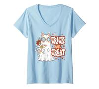 Donna Halloween Ghost Cat Trick or Treat Party Maglietta con Collo a V