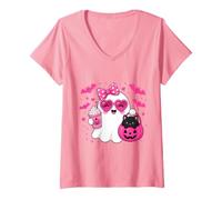 Donna Halloween Ghost Pink Bow Holding Ice Coffee con Kitty Cat Maglietta con Collo a V