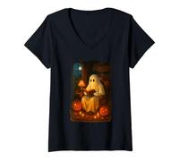 Donna Halloween Ghost Reading Books Teacher Librarian Halloween Maglietta con Collo a V