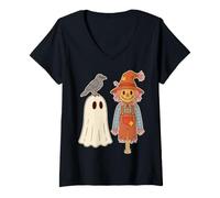 Donna Halloween Ghost Scarecrow Crow Autumn Spooky Season Maglietta con Collo a V