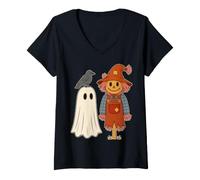 Donna Halloween Ghost Scarecrow Crow Autumn Spooky Season Maglietta con Collo a V