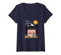Donna Halloween Haunted Casa Rosa con Fantasma Maglietta con Collo a V