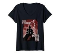 Donna Halloween Haunted House of Horrors Entra a Tuo Rischio e Pericolo Maglietta con Collo a V