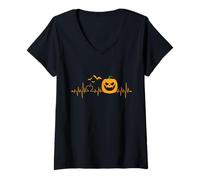 Donna Halloween Heartbeat Spaventoso Spettrale Zucca Jack O Lanterna Maglietta con Collo a V
