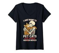 Donna Halloween I Just Want To Pet Cats And Watch Horror Movies Maglietta con Collo a V