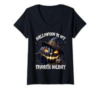 Donna Halloween Is My Favorite Holiday for Witches Mystic Cat Maglietta con Collo a V