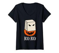 Donna Halloween Jack with Funny Boo Boo Mask Illustration Graphic Maglietta con Collo a V