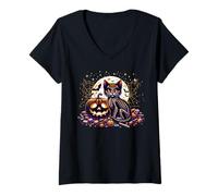 Donna Halloween Kitty Cat Scheletro Raccapricciante Zucca Jack o Lanterna Maglietta con Collo a V