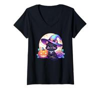 Donna Halloween Kitty Cat Witch Hat Zucca Jack o Lanterna Grafica Maglietta con Collo a V