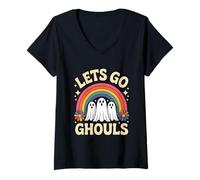 Donna Halloween Lets Go Ghouls Ghost Retro Costume Donna Ragazza Bambini Maglietta con Collo a V