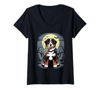 Donna Halloween Luna Mano Zombie Bernese Mountain Dog Berner Maglietta con Collo a V