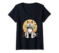 Donna Halloween Luna Zombie Mano Japanese Akita Inu Maglietta con Collo a V