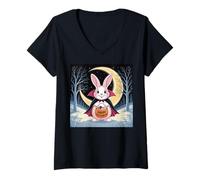 Donna Halloween Pasqua Bunny Divertente Notte Luna Zucca Costume Divertente Maglietta con Collo a V