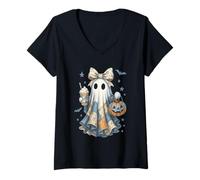 Donna Halloween Patchwork Ghost Coquette Boo Shirt Cute Fall Women Maglietta con Collo a V