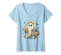 Donna Halloween Patchwork Ghost Coquette Boo Shirt Cute Fall Women Maglietta con Collo a V