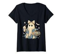 Donna Halloween Patchwork Ghost Coquette Boo Shirt Cute Fall Women Maglietta con Collo a V