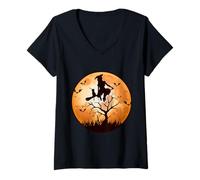 Donna Halloween, per Donne, Strega e Gatto su Scopa, Pipistrelli, Luna. Maglietta con Collo a V