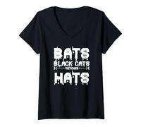 Donna Halloween Pipistrelli Gatti Neri Streghe Cappelli spettrali Maglietta con Collo a V