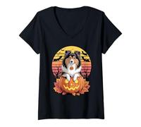 Donna Halloween Retro Shetland Sheepdog Sheltie Maglietta con Collo a V