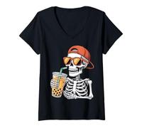 Donna Halloween Scheletro Boba Tea Costume Maglietta con Collo a V