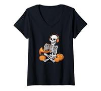 Donna Halloween Scheletro Corno Francese Cornista Maglietta con Collo a V