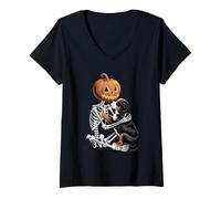 Donna Halloween Skeleton Bernese Mountain Dog Berner Maglietta con Collo a V