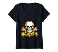 Donna Halloween Skull Crossbones Gothic Spooky Horror Maglietta con Collo a V