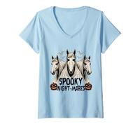 Donna Halloween Spooky Night-Mares Cavallo Divertente Simpatico Fantasma Cavallo Maglietta con Collo a V