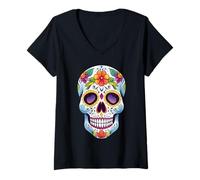 Donna Halloween Sugar Skull Dia De Los Muertos Maglietta con Collo a V