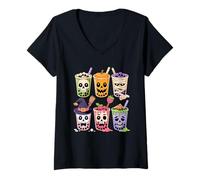 Donna Halloween tè al Latte Boba Perle Tapioca Scheletro Strega Maglietta con Collo a V