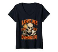 Donna Halloween Teschi Love Me My Demons Do Gothic Valentines Maglietta con Collo a V