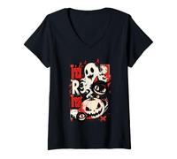 Donna Halloween Trick R Treat Spooky Ghost Black Cat Maglietta con Collo a V