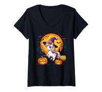 Donna Halloween Unicorno Strega Scopa Zucca Luna Maglietta con Collo a V