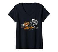 Donna Halloween: Uno Scheletro Che insegue Un Yorkshire Terrier Maglietta con Collo a V