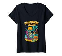 Donna Halloween Vacay Funny Skeleton Beach Sunset Design Maglietta con Collo a V